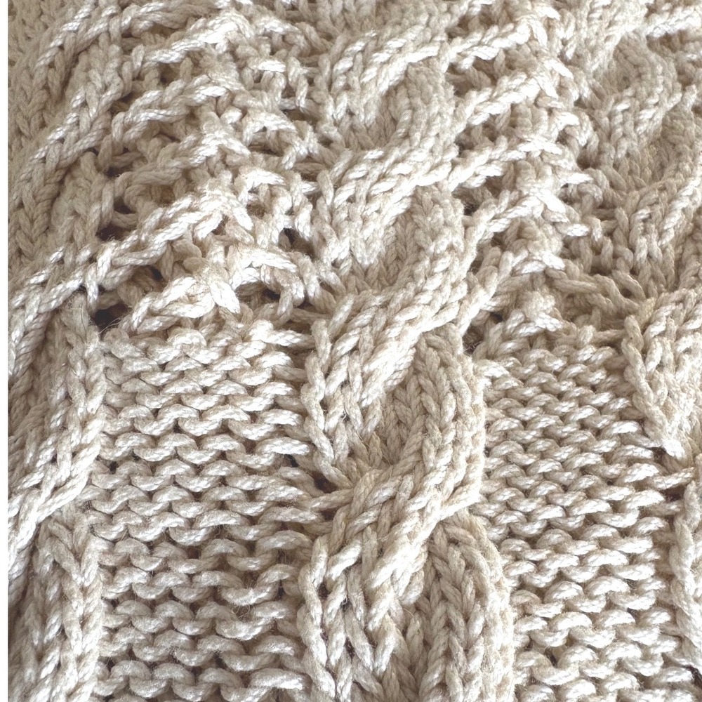 VTG Handmade Cream Cable Knit Ruffle Neck Sweater Pointelle Fisherman Regency S - Picture 3 of 6